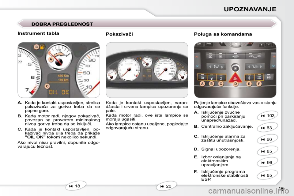 Peugeot 407 2009  Упутство за употребу (in Serbian) UPOZNAVANJE
� � �I�n�s�t�r�u�m�e�n�t� �t�a�b�l�a�  
   
A. � �  �K�a�d�a� �j�e� �k�o�n�t�a�k�t� �u�s�p�o�s�t�a�v�l�j�e�n�,� �s�t�r�e�l�i�c�a� 
�p�o�k�a�z�i�v�a�č�a�  �z�a�  �g�o�r�i�v�o�  �t�r�e�b�a�