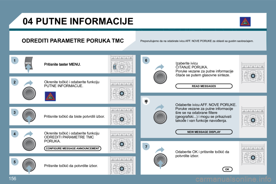Peugeot 407 2009  Упутство за употребу (in Serbian) 156
11
�2�2
�3�3
�4�4
�6�6
�5�5
�7�7
�0�4
READ MESSAGES
NEW MESSAGE DISPLAY
OK
  ODREDITI PARAMETRE PORUKA TMC � �P�r�e�p�o�r�u�č�u�j�e�m�o� �d�a� �n�a� �o�d�a�b�i�r�a�t�e� �i�v�i�c�u� �A�F�F�.� �N�O
