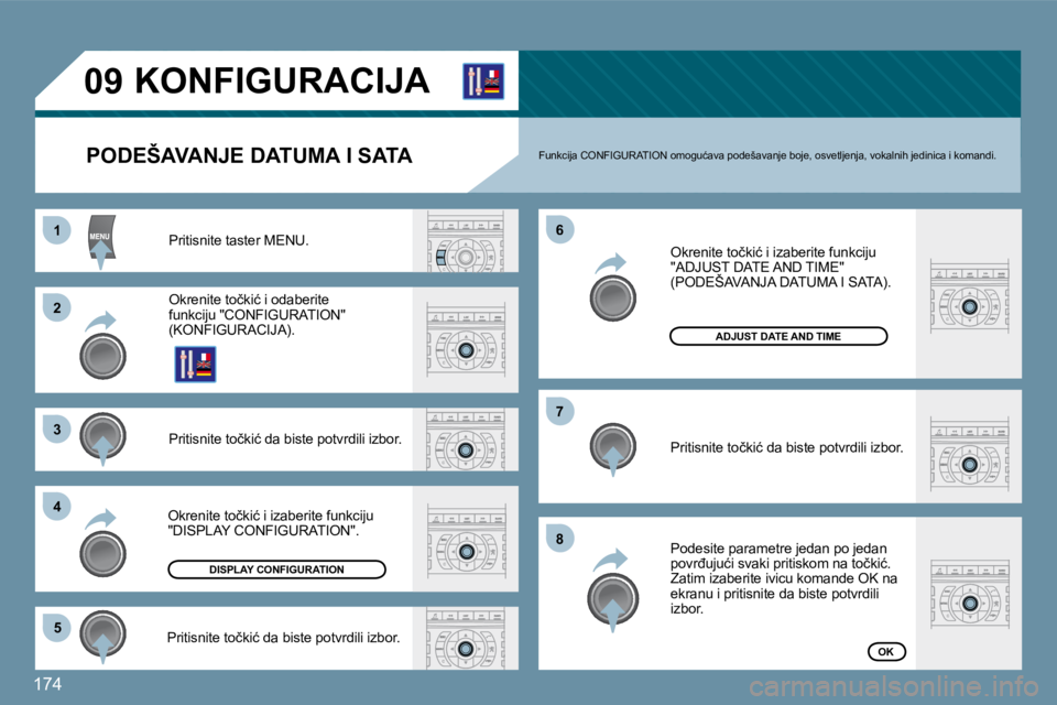 Peugeot 407 2009  Упутство за употребу (in Serbian) 174
11
�2�2
�3�3
�4�4
�5�5
�6�6
�7�7
�8�8
�0�9       KONFIGURACIJA 
  PODEŠAVANJE DATUMA I SATA 
� �P�r�i�t�i�s�n�i�t�e� �t�a�s�t�e�r� �M�E�N�U�.� 
� �O�k�r�e�n�i�t�e� �t�o�č�k�i�ć� �i� �o�d�a�b�e�