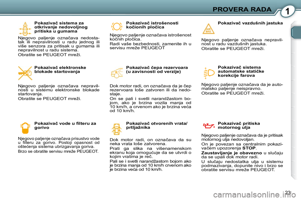 Peugeot 407 2009  Упутство за употребу (in Serbian) 1PROVERA RADA
23
� � �P�o�k�a�z�i�v�a�č� �s�i�s�t�e�m�a� �z�a�  
�o�t�k�r�i�v�a�n�j�e� �n�e�d�o�v�o�l�j�n�o�g� 
�p�r�i�t�i�s�k�a� �u� �g�u�m�a�m�a� 
� �N�j�e�g�o�v�o�  �p�a�l�j�e�n�j�e�  �o�z�n�a�č�