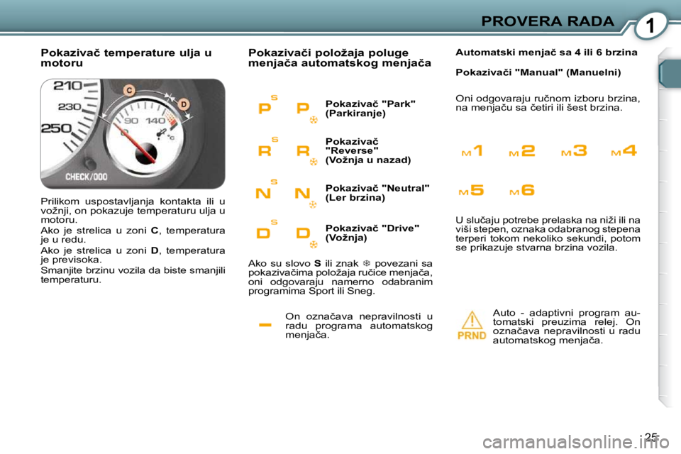 Peugeot 407 2009  Упутство за употребу (in Serbian) 1PROVERA RADA
�2�5
� �O�n�  �o�z�n�a�č�a�v�a�  �n�e�p�r�a�v�i�l�n�o�s�t�i�  �u�  
�r�a�d�u�  �p�r�o�g�r�a�m�a�  �a�u�t�o�m�a�t�s�k�o�g� 
�m�e�n�j�a�č�a�.� 
� �P�o�k�a�z�i�v�a�č�i� �p�o�l�o�ž�a�j�a