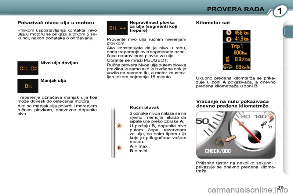 Peugeot 407 2009  Упутство за употребу (in Serbian) 1PROVERA RADA
�2�7
� � �P�o�k�a�z�i�v�a�č� �n�i�v�o�a� �u�l�j�a� �u� �m�o�t�o�r�u�  
� �P�r�i�l�i�k�o�m�  �u�s�p�o�s�t�a�v�l�j�a�n�j�a�  �k�o�n�t�a�k�t�a�,�  �n�i�v�o�  
�u�l�j�a� �u� �m�o�t�o�r�u� �