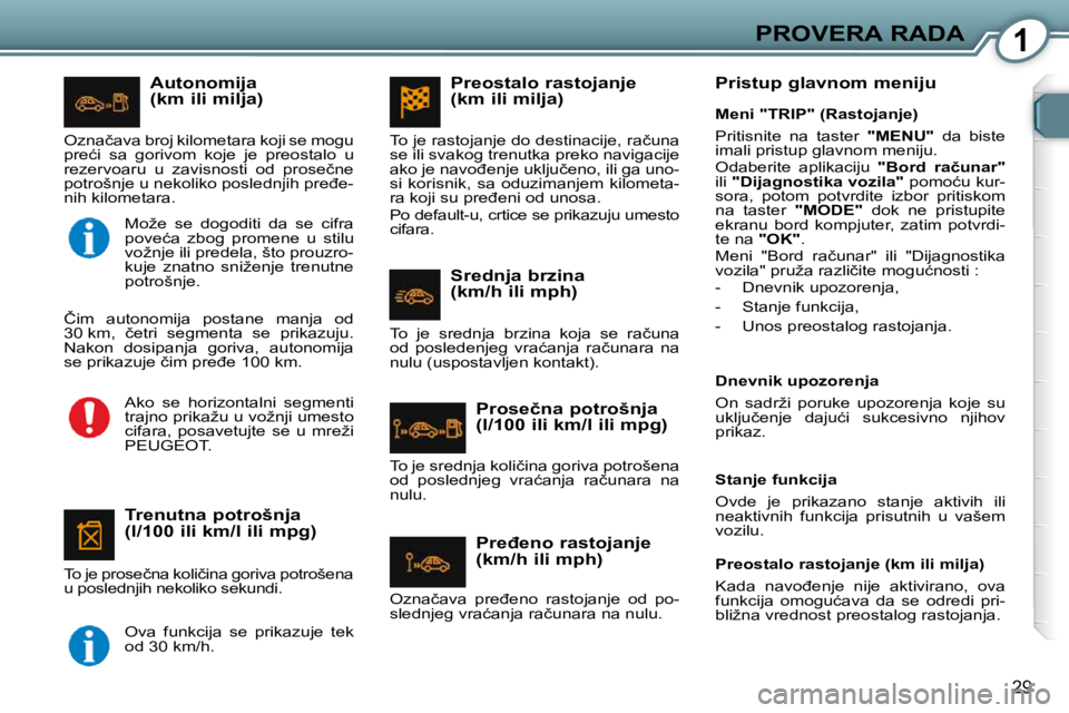 Peugeot 407 2009  Упутство за употребу (in Serbian) 1PROVERA RADA
29
� � �A�u�t�o�n�o�m�i�j�a�  
�(�k�m� �i�l�i� �m�i�l�j�a�)� 
� � �T�r�e�n�u�t�n�a� �p�o�t�r�o�š�n�j�a� 
�(�l�/�1�0�0� �i�l�i� �k�m�/�l� �i�l�i� �m�p�g�)� 
� �T�o� �j�e� �p�r�o�s�e�č�n