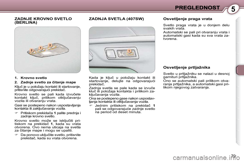 Peugeot 407 2009  Упутство за употребу (in Serbian) 5
79
� �Z�A�D�N�J�E� �K�R�O�V�N�O� �S�V�E�T�L�O� �(�B�E�R�L�I�N�A�)� � �Z�A�D�N�J�A� �S�V�E�T�L�A� �(�4�0�7�S�W�)� � � �O�s�v�e�t�l�j�e�n�j�e� �p�r�a�g�a� �v�r�a�t�a� 
� �S�v�e�t�l�o�  �p�r�a�g�a�  �v
