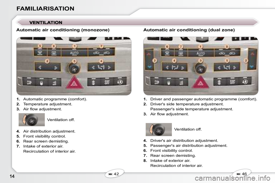 Peugeot 407 2008 User Guide FAMILIARISATION
  Automatic air conditioning (monozone)    
1. � �  �A�u�t�o�m�a�t�i�c� �p�r�o�g�r�a�m�m�e� �(�c�o�m�f�o�r�t�)�.� 
  
2. � �  �T�e�m�p�e�r�a�t�u�r�e� �a�d�j�u�s�t�m�e�n�t�.� 
  
3. � �