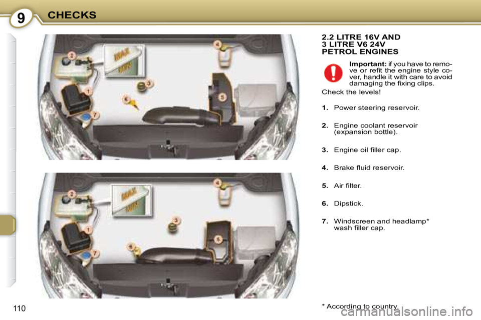 Peugeot 407 2008  Owners Manual 9CHECKS
110
 2.2 LITRE 16V AND 3 LITRE V6 24V PETROL ENGINES 
  *   According to country.    
Important: � � �i�f� �y�o�u� �h�a�v�e� �t�o� �r�e�m�o�-
�v�e�  �o�r�  �r�e�ﬁ� �t�  �t�h�e�  �e�n�g�i�n�e