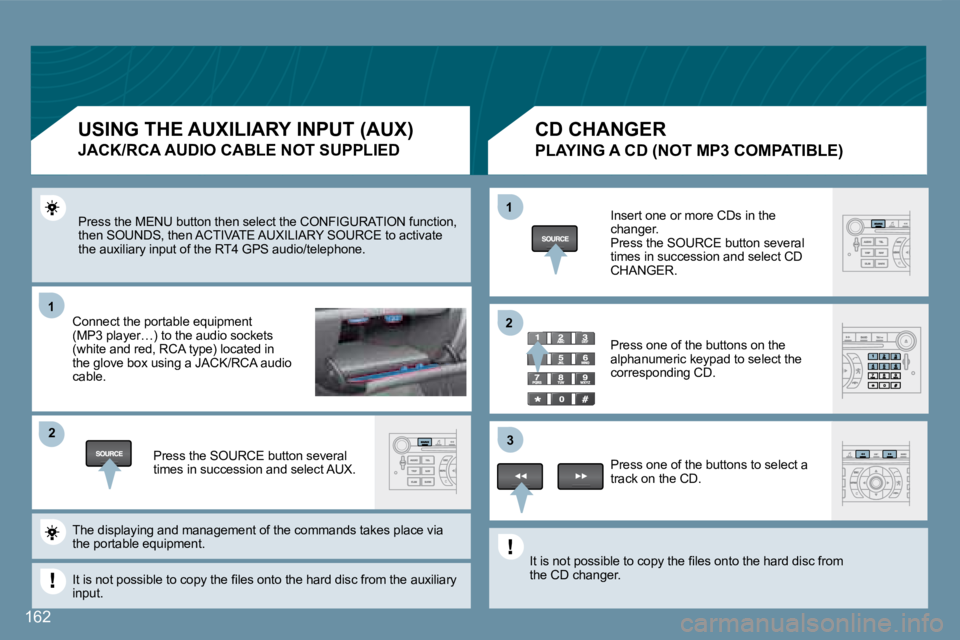 Peugeot 407 2008  Owners Manual 11
22
11
33
22
162
� �P�r�e�s�s� �t�h�e� �M�E�N�U� �b�u�t�t�o�n� �t�h�e�n� �s�e�l�e�c�t� �t�h�e� �C�O�N�F�I�G�U�R�A�T�I�O�N� �f�u�n�c�t�i�o�n�,� �t�h�e�n� �S�O�U�N�D�S�,� �t�h�e�n� �A�C�T�I�V�A�T�E� �