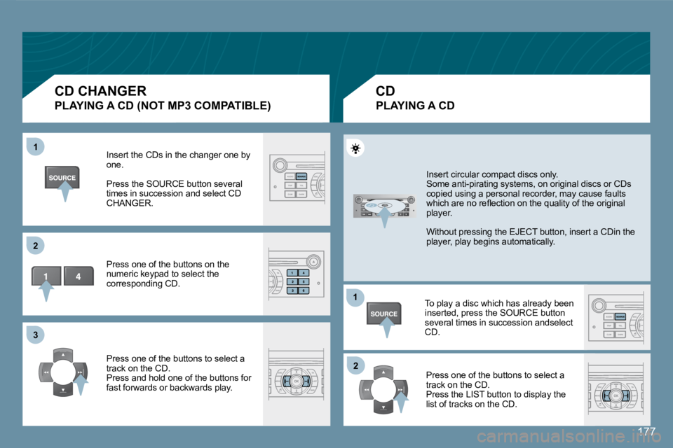 Peugeot 407 2008  Owners Manual 11
22
33
11
22
177
  PLAYING A CD (NOT MP3 COMPATIBLE) 
� �I�n�s�e�r�t� �t�h�e� �C�D�s� �i�n� �t�h�e� �c�h�a�n�g�e�r� �o�n�e� �b�y� one. 
� �P�r�e�s�s� �t�h�e� �S�O�U�R�C�E� �b�u�t�t�o�n� �s�e�v�e�r�a