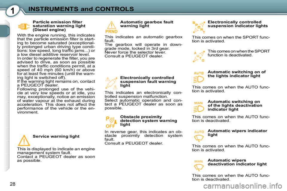 Peugeot 407 2008 Owners Guide 1INSTRUMENTS and CONTROLS
28
  Electronically controlled  
suspension indicator lights 
� �T�h�i�s� �c�o�m�e�s� �o�n� �w�h�e�n� �t�h�e� �S�P�O�R�T� �f�u�n�c�-
�t�i�o�n� �i�s� �a�c�t�i�v�a�t�e�d�.� 
  