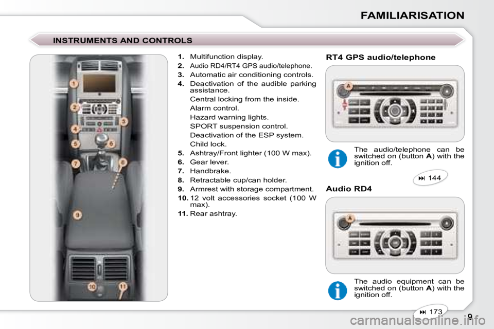 Peugeot 407 2008  Owners Manual FAMILIARISATION
  INSTRUMENTS AND CONTROLS     
1. � �  �M�u�l�t�i�f�u�n�c�t�i�o�n� �d�i�s�p�l�a�y�.� 
  
2.   
�A�u�d�i�o� �R�D�4�/�R�T�4� �G�P�S� �a�u�d�i�o�/�t�e�l�e�p�h�o�n�e�.� 
  
3.    Automati