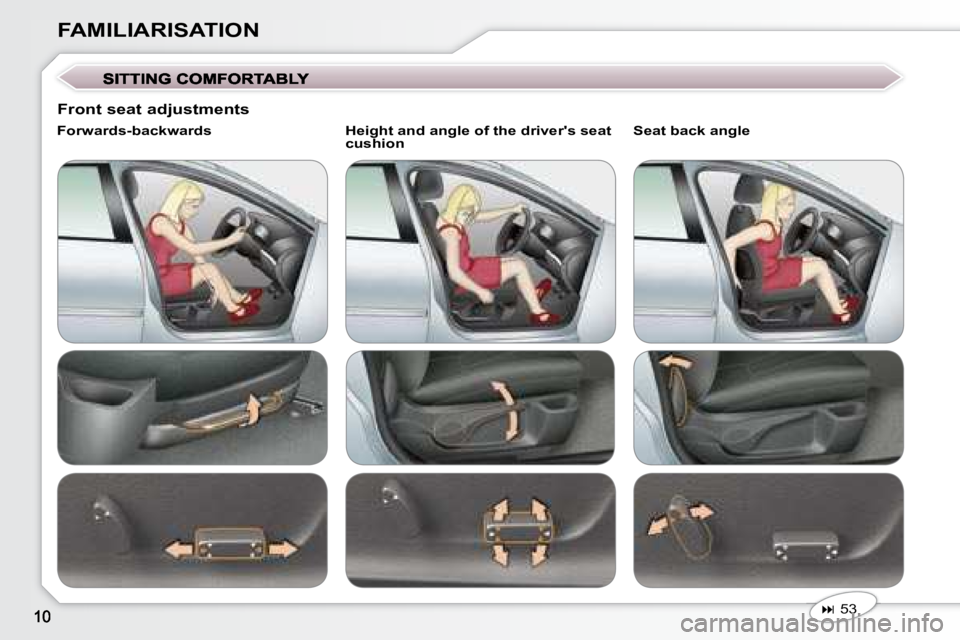 Peugeot 407 2008  Owners Manual FAMILIARISATION
   
� � � �5�3� � � � 
  Forwards-backwards     Height and angle of the driver
s seat 
cushion     Seat back angle 
  Front seat adjustments                