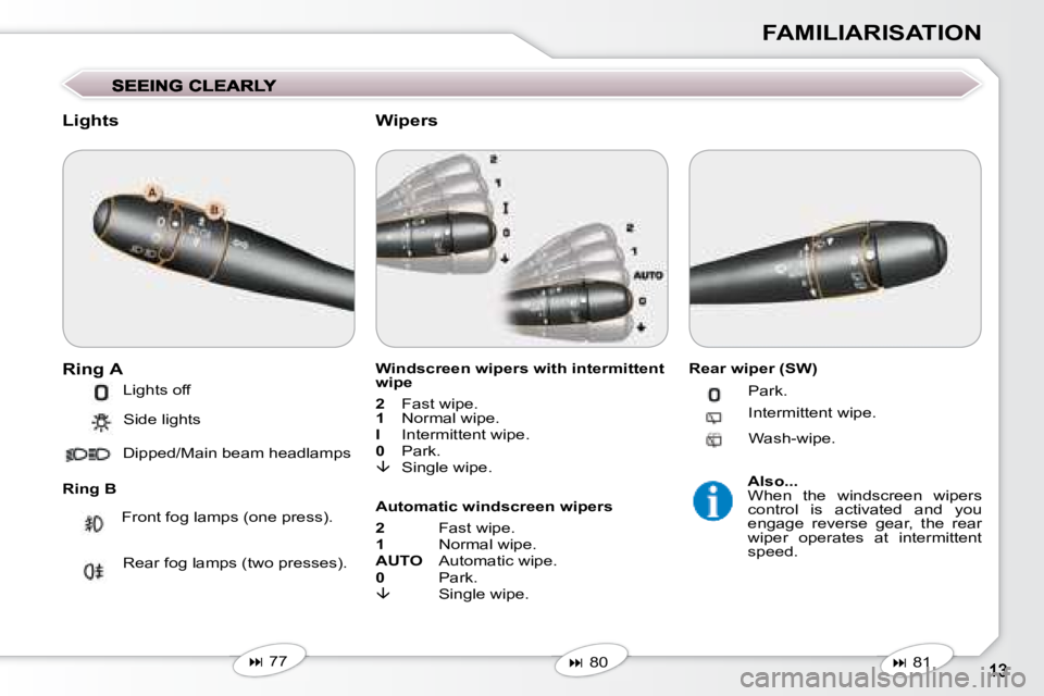 Peugeot 407 2008  Owners Manual FAMILIARISATION
  Lights  
  Ring A  
  Ring B   Windscreen wipers with intermittent  
wipe  
  
2 � �  �F�a�s�t� �w�i�p�e�.� 
  
1 � �  �N�o�r�m�a�l� �w�i�p�e�.� 
  
I � �  �I�n�t�e�r�m�i�t�t�e�n�t� 