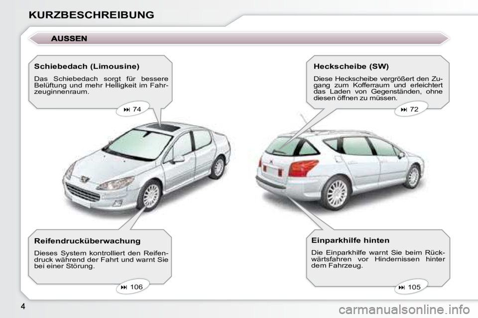 Peugeot 407 2008  Betriebsanleitung (in German) KURZBESCHREIBUNG  Schiebedach (Limousine)  
 Das  Schiebedach  sorgt  für  bessere  
Belüftung  und  mehr  Helligkeit  im  Fahr-
zeuginnenraum.     
�   74       
�   72   
   
�   105   
 