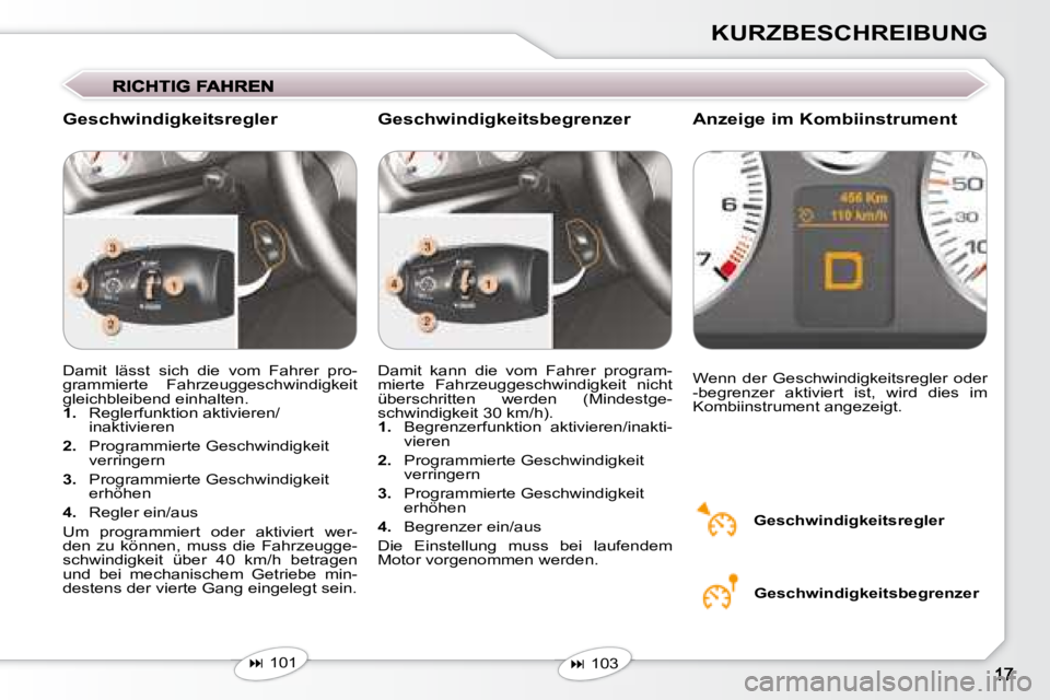 Peugeot 407 2008  Betriebsanleitung (in German) KURZBESCHREIBUNG
 Damit  lässt  sich  die  vom  Fahrer  pro- 
grammierte  Fahrzeuggeschwindigkeit 
gleichbleibend einhalten.  
   
1.    Reglerfunktion aktivieren/
inaktivieren  
  
2.    Programmier