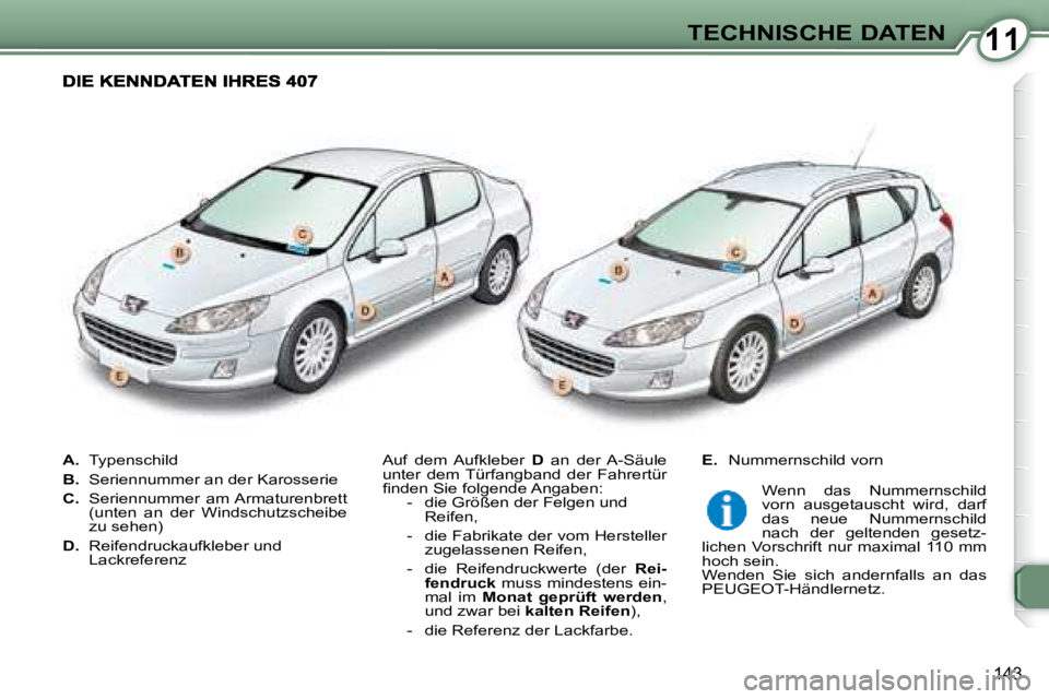 Peugeot 407 2008  Betriebsanleitung (in German) 1111TECHNISCHE DATEN
143
   
A.    Typenschild 
  
B.    Seriennummer an der Karosserie  
  
C.    Seriennummer  am Armaturenbrett 
(unten  an  der  Windschutzscheibe  
zu sehen) 
  
D.    Reifendruck