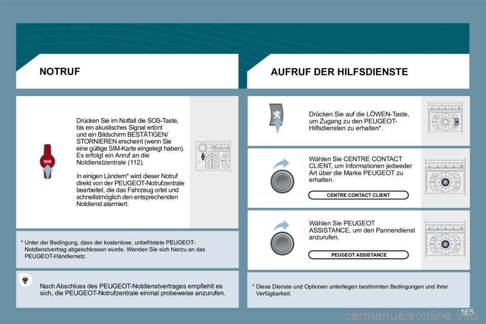 Peugeot 407 2008 Betriebsanleitung (in German) 165
NOTRUF
Drücken Sie im Notfall die SOS-Taste, bis ein akustisches Signal ertönt und ein Bildschirm BESTÄTIGEN/bis ein akustisches Signal ertönt ignal er
STORNIEREN erscheint (wenn Sie eine Peugeot 407 2008 Betriebsanleitung (in German) 165
NOTRUF
Drücken Sie im Notfall die SOS-Taste, bis ein akustisches Signal ertönt und ein Bildschirm BESTÄTIGEN/bis ein akustisches Signal ertönt ignal er
STORNIEREN erscheint (wenn Sie eine
