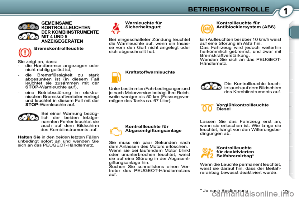 Peugeot 407 2008  Betriebsanleitung (in German) 1BETRIEBSKONTROLLE
23
  Bremskontrollleuchte  
 GEMEINSAME KONTROLLLEUCHTEN DER KOMBIINSTRUMENTE MIT 4 UND 5 ANZEIGEGERÄTEN  
 Sie zeigt an, dass:   
   -   die  Handbremse  angezogen  oder nicht ric
