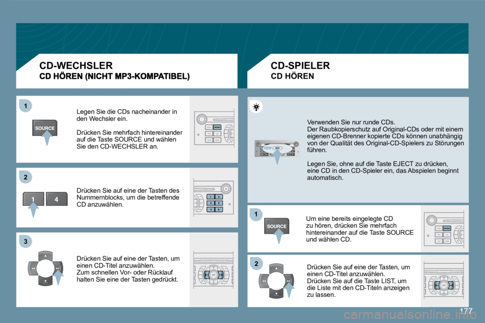Peugeot 407 2008  Betriebsanleitung (in German) 11
22
33
11
22
177
 Legen Sie die CDs nacheinander in den Wechsler ein.  
 Drücken Sie mehrfach hintereinander auf die Taste SOURCE und wählen Sie den CD-WECHSLER an. 
 Drücken Sie auf eine der Tas