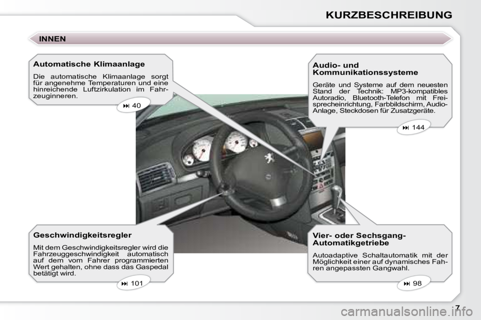 Peugeot 407 2008  Betriebsanleitung (in German) KURZBESCHREIBUNG
  Automatische Klimaanlage  
 Die  automatische  Klimaanlage  sorgt  
für angenehme Temperaturen und eine 
hinreichende  Luftzirkulation  im  Fahr-
zeuginneren.  
  Geschwindigkeitsr