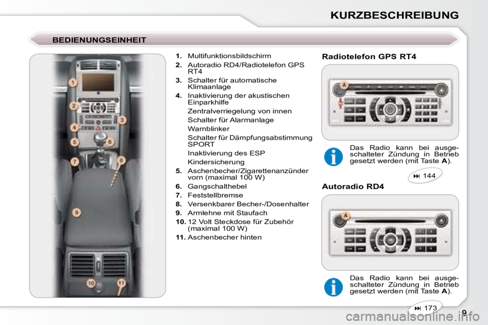 Peugeot 407 2008  Betriebsanleitung (in German) KURZBESCHREIBUNG
  BEDIENUNGSEINHEIT     
1.    Multifunktionsbildschirm 
  
2.    Autoradio RD4/Radiotelefon GPS 
RT4 
  
3.    Schalter für automatische 
Klimaanlage  
  
4.    Inaktivierung der ak