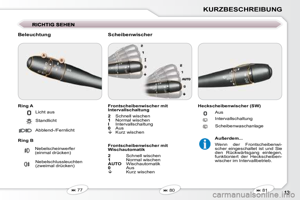 Peugeot 407 2008  Betriebsanleitung (in German) KURZBESCHREIBUNG
  Beleuchtung  
  Ring A  
  Ring B   Frontscheibenwischer mit  
Intervallschaltung   
  
2     Schnell wischen  
  
1     Normal wischen  
  
I     Intervallschaltung  
  
0     Aus 