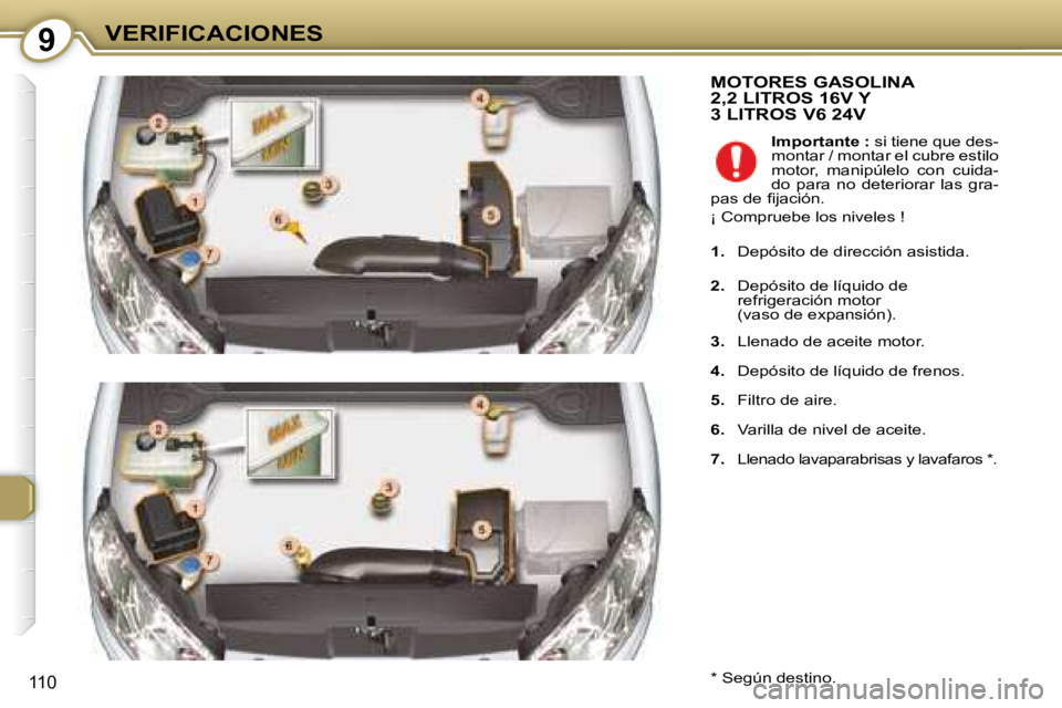 Peugeot 407 2008  Manual del propietario (in Spanish) 9VERIFICACIONES
110
 MOTORES GASOLINA 2,2 LITROS 16V Y 3 LITROS V6 24V 
  *   Según destino.    
Importante :   si tiene que des-
montar / montar el cubre estilo  
motor,  manipúlelo  con  cuida-
do