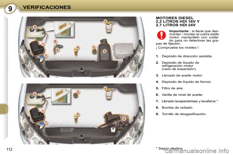 Peugeot 407 2008  Manual del propietario (in Spanish) 9VERIFICACIONES
112
 MOTORES DIESEL 2,2 LITROS HDI 16V Y 2,7 LITROS HDI 24V 
  *   Según destino.    
Importante :   si tiene que des-
montar / montar el cubre estilo  
motor,  manipúlelo  con  cuid