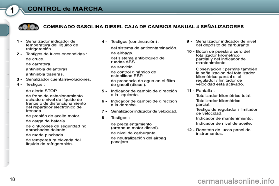 Peugeot 407 2008  Manual del propietario (in Spanish) 1CONTROL de MARCHA
18
  
1 -     Señalizador indicador de 
temperatura del líquido de  
refrigeración. 
  
2 -     Testigos de luces encendidas : 
   de cruce.  
   de carretera. 
   antiniebla del