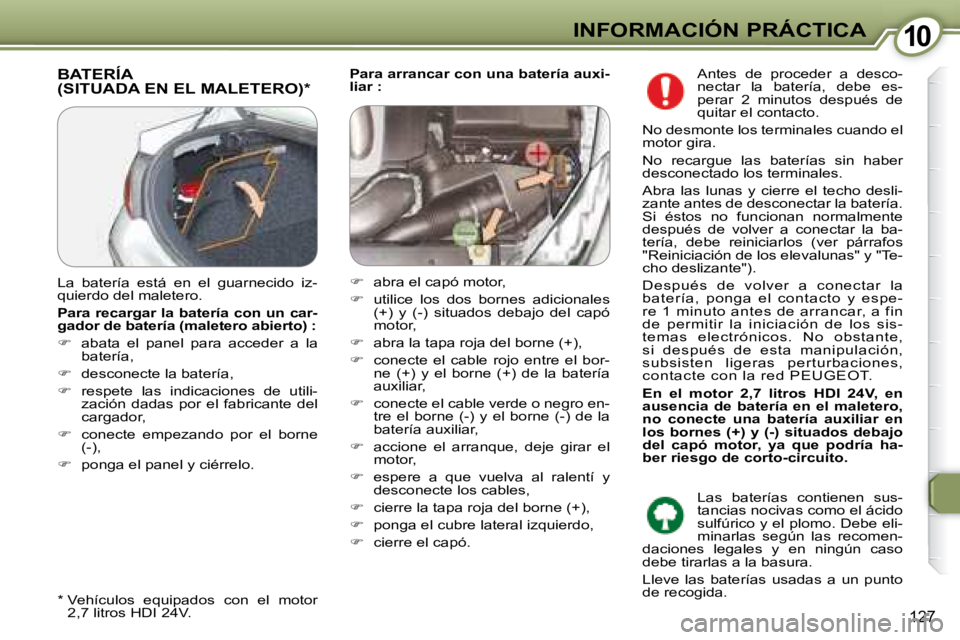 Peugeot 407 2008 Manual del propietario (in Spanish) 1010INFORMACIÓN PRÁCTICA
127
Para arrancar con una batería auxi-
liar : BATERÍA (SITUADA EN EL MALETERO) *
* Vehículos equipados con el motor
2,7 litros HDI 24V.
La baterí Peugeot 407 2008 Manual del propietario (in Spanish) 1010INFORMACIÓN PRÁCTICA
127
Para arrancar con una batería auxi-
liar : BATERÍA (SITUADA EN EL MALETERO) *
* Vehículos equipados con el motor
2,7 litros HDI 24V.
La baterí
