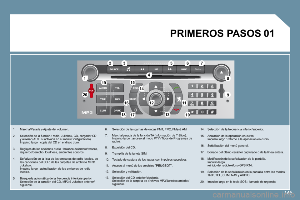 Peugeot 407 2008  Manual del propietario (in Spanish) 145
11
�2�0�2�0
�8�8
�9�9
�5�5
44
�3�3�2�2
�1�9�1�9
�1�6�1�61111
1010�1�8�1�8
�1�2�1�2
�6�6�7�7
�1�3�1�3
�1�5�1�5
1414
�1�7�1�7
01
145
   1.   Marcha/Parada y Ajuste del volumen. 
  2.   Selección de
