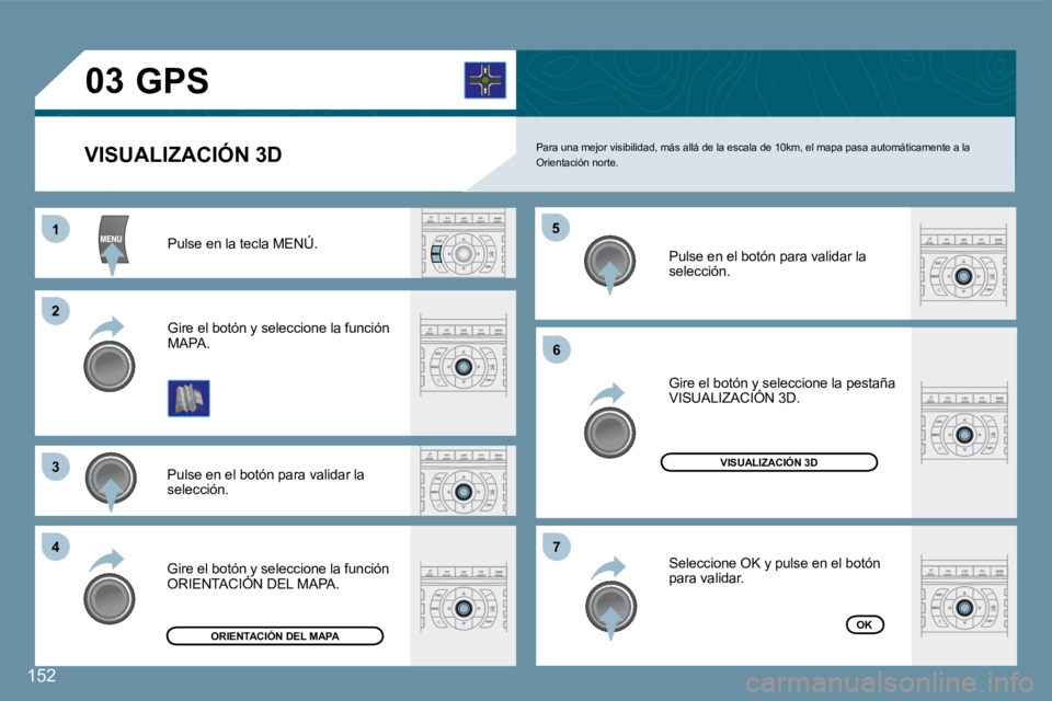 Peugeot 407 2008  Manual del propietario (in Spanish) 152
11
�2�2
�3�3
44
�5�5
�6�6
�7�7
�0�3
152
 Para una mejor visibilidad, más allá de la escala de 10km, el mapa pasa automáticamente a la Orientación norte. 
 Gire el botón y seleccione la funci