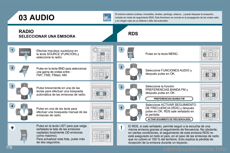 Peugeot 407 2008  Manual del propietario (in Spanish) 176
11
�2�2
�3�3
44
�2�2
44
�3�3
11
�0�3
176
 AUDIO 
  RADIO 
 SELECCIONAR UNA EMISORA 
 Efectúe impulsos sucesivos en �l�a� �t�e�c�l�a� �S�O�U�R�C�E� �(�F�U�N�C�I�Ó�N�)� �y�  Efectúe impulsos suce