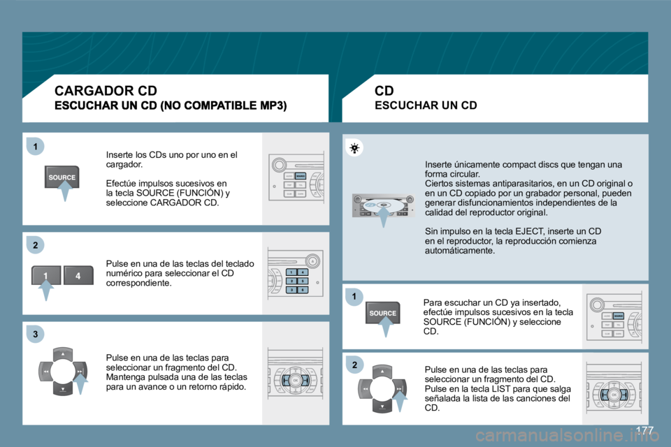 Peugeot 407 2008  Manual del propietario (in Spanish) 177
11
�2�2
�3�3
11
�2�2
177
 Inserte los CDs uno por uno en el cargador. 
 Efectúe impulsos sucesivos en �l�a� �t�e�c�l�a� �S�O�U�R�C�E� �(�F�U�N�C�I�Ó�N�)� �y�  Efectúe impulsos sucesivos en sivo