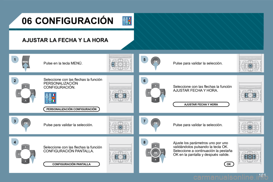 Peugeot 407 2008  Manual del propietario (in Spanish) 181
�5�5
�6�6
�7�7
�8�8
11
�2�2
�3�3
44
�0�6
181
 CONFIGURACIÓN 
  AJUSTAR LA FECHA Y LA HORA 
 Pulse en la tecla MENÚ. 
� �S�e�l�e�c�c�i�o�n�e� �c�o�n� �l�a�s� �ﬂ� �e�c�h�a�s� �l�a� �f�u�n�c�i�ó