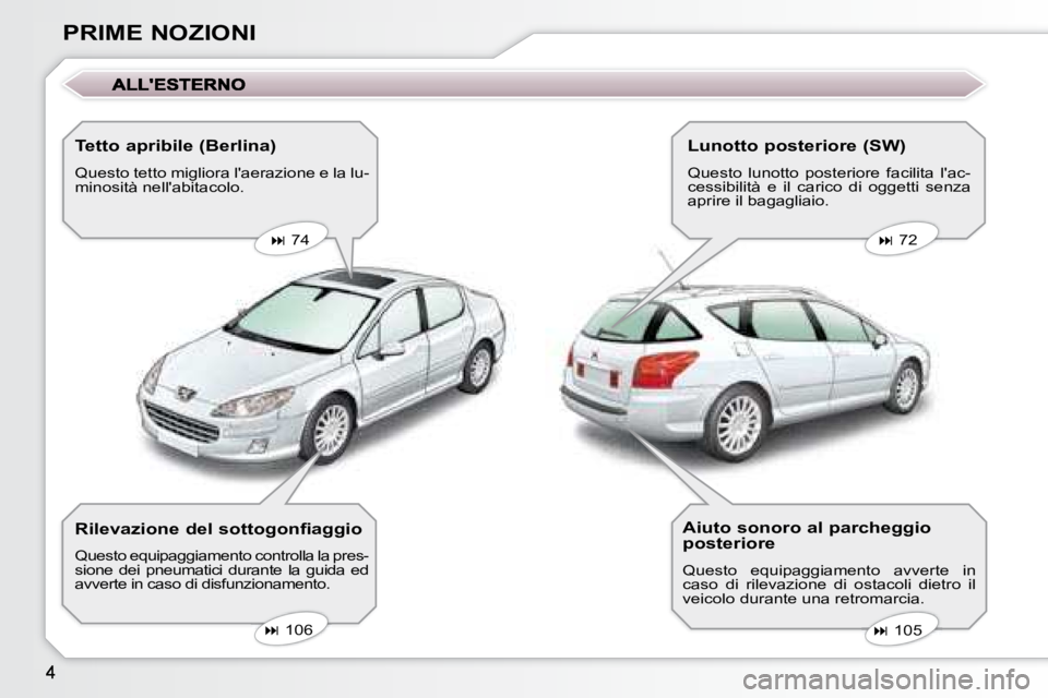 Peugeot 407 2008  Manuale del proprietario (in Italian) PRIME NOZIONI  Tetto apribile (Berlina)  
 Questo tetto migliora laerazione e la lu- 
minosità nellabitacolo.      
�   74       
�   72   
   
�   105   
   
�   106   
  Rilevazione d