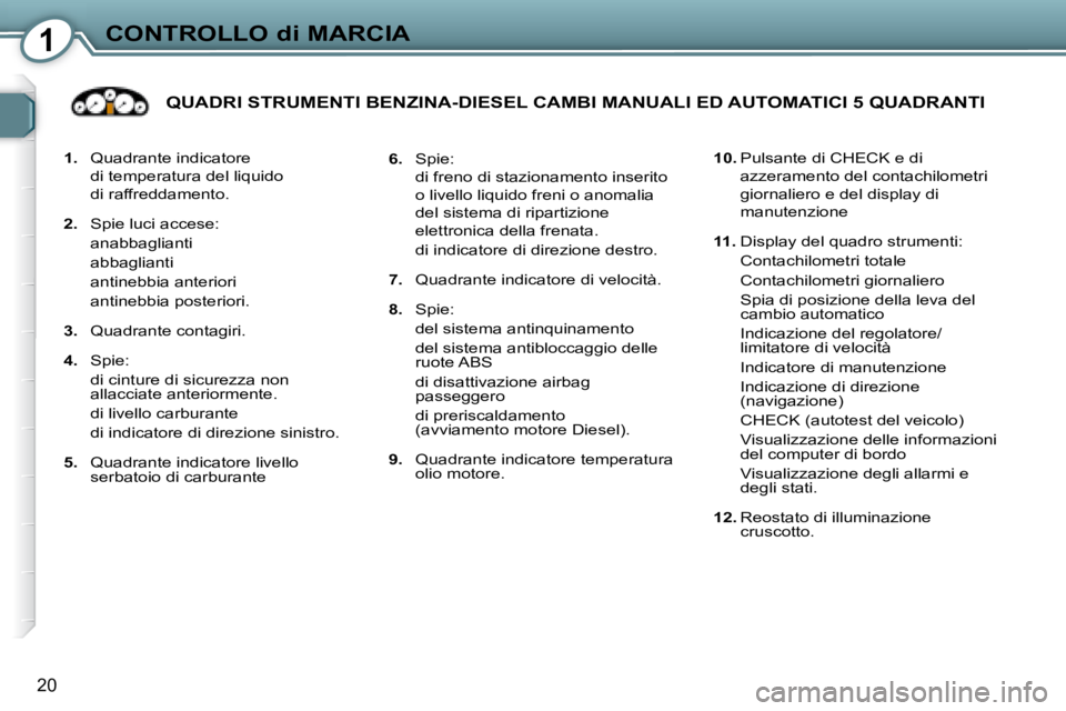 Peugeot 407 2008  Manuale del proprietario (in Italian) 1CONTROLLO di MARCIA
20
   
1.    Quadrante indicatore 
di temperatura del liquido  
di raffreddamento. 
  
2.    Spie luci accese:  
  anabbaglianti   
  abbaglianti  
  antinebbia anteriori  
  anti
