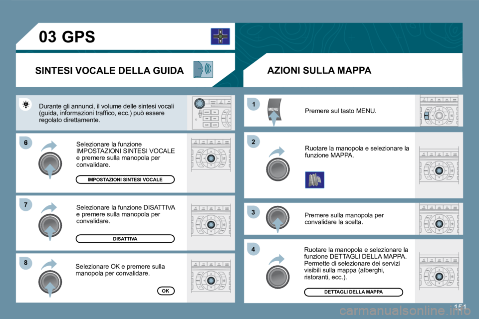 Peugeot 407 2008  Manuale del proprietario (in Italian) 6
88
11
22
33
44
77
03
151
 Premere sul tasto MENU. 
 Ruotare la manopola e selezionare la funzione MAPPA. 
 Premere sulla manopola per convalidare la scelta. 
 Ruotare la manopola e selezionare la fu