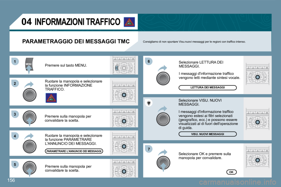 Peugeot 407 2008  Manuale del proprietario (in Italian) 11
22
33
44
66
55
77
04
156
 Premere sul tasto MENU. 
LETTURA DEI MESSAGGI
VISU. NUOVI MESSAGGI
OK
  PARAMETRAGGIO DEI MESSAGGI TMC � �C�o�n�s�i�g�l�i�a�m�o� �d�i� �n�o�n� �s�p�u�n�t�a�r�e� �V�i�s�u�.