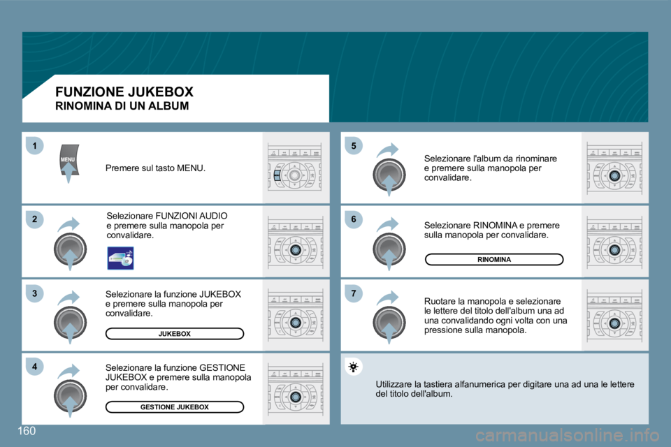 Peugeot 407 2008  Manuale del proprietario (in Italian) 66
77
55
22
33
44
11
160
JUKEBOX
RINOMINA
GESTIONE JUKEBOX
 Premere sul tasto MENU. 
 Selezionare FUNZIONI AUDIO e premere sulla manopola per convalidare. 
 Selezionare la funzione JUKEBOX e premere s