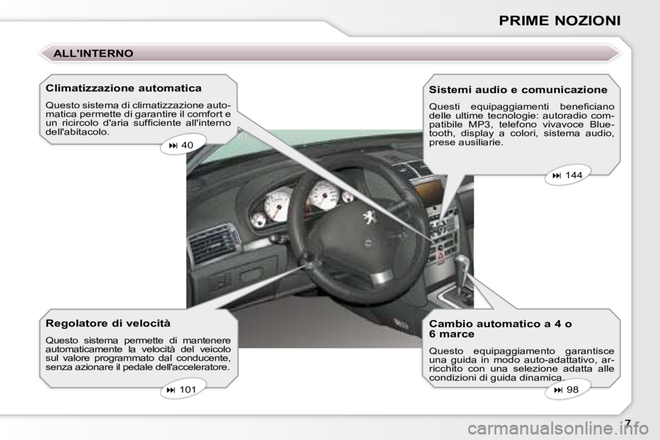 Peugeot 407 2008  Manuale del proprietario (in Italian) PRIME NOZIONI
  Climatizzazione automatica  
 Questo sistema di climatizzazione auto- 
matica permette di garantire il comfort e 
�u�n�  �r�i�c�i�r�c�o�l�o�  �d�'�a�r�i�a�  �s�u�f�ﬁ� �c�i�e�n�t�