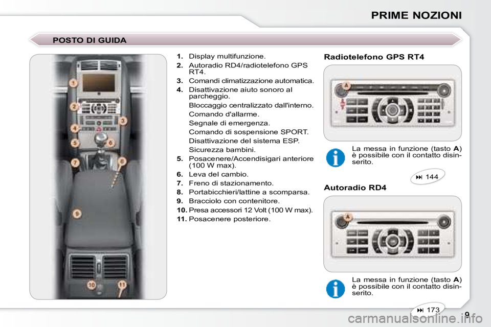 Peugeot 407 2008  Manuale del proprietario (in Italian) PRIME NOZIONI
  POSTO DI GUIDA     
1.    Display multifunzione. 
  
2.    Autoradio RD4/radiotelefono GPS 
RT4. 
  
3.    Comandi climatizzazione automatica. 
  
4.    Disattivazione aiuto sonoro al 