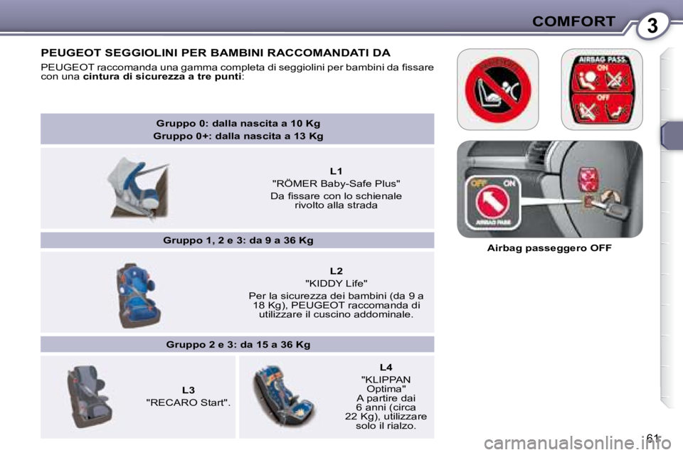 Peugeot 407 2008  Manuale del proprietario (in Italian) 3COMFORT
61
   
Gruppo 0: dalla nascita a 10 Kg  
Gruppo 0+: dalla nascita a 13 Kg    
        
L1    
�"�R�Ö�M�E�R� �B�a�b�y�-�S�a�f�e� �P�l�u�s�"� � 
�D�a� �ﬁ� �s�s�a�r�e� �c�o�n� �l�o� �