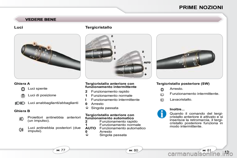 Peugeot 407 2008  Manuale del proprietario (in Italian) PRIME NOZIONI
  Luci  
� � �G�h�i�e�r�a� �A�  
� � �G�h�i�e�r�a� �B� �   Tergicristallo anteriore con  
funzionamento intermittente  
  
2    Funzionamento rapido 
  
1    Funzionamento normale 
  
I 