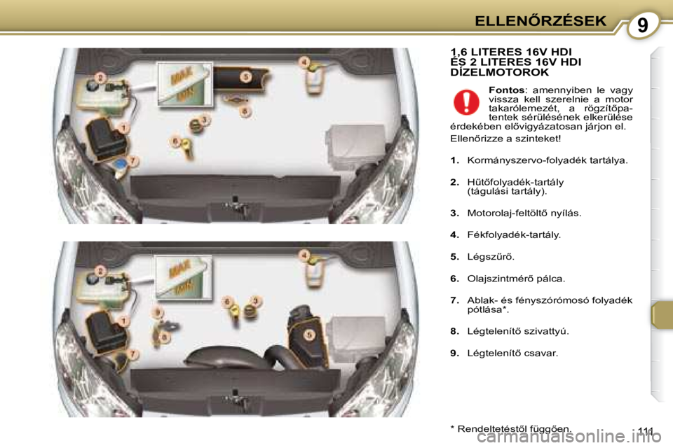 Peugeot 407 2008  Kezelési útmutató (in Hungarian) 9�E�L�L�E�N4�R�Z�É�S�E�K
111
� �1�,�6� �L�I�T�E�R�E�S� �1�6�V� �H�D�I� �É�S� �2� �L�I�T�E�R�E�S� �1�6�V� �H�D�I� � �1�,�6� �L�I�T�E�R�E�S� �1�6�V� �H�D�I� � �1�,�6� �L�I�T�E�R�E�S� �1�6�V� �H�D�I� 