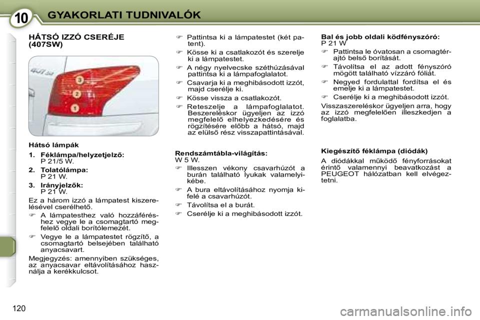 Peugeot 407 2008  Kezelési útmutató (in Hungarian) 1010GYAKORLATI TUDNIVALÓK
120
� �H�Á�T�S�Ó� �I�Z�Z�Ó� �C�S�E�R�É�J�E� �(�4�0�7�S�W�)� �   
Bal és jobb oldali ködfényszóró:   
P 21 W  
   
� � �  �P�a�t�t�i�n�t�s�a� �l�e� �ó�v�a�t�o�s�