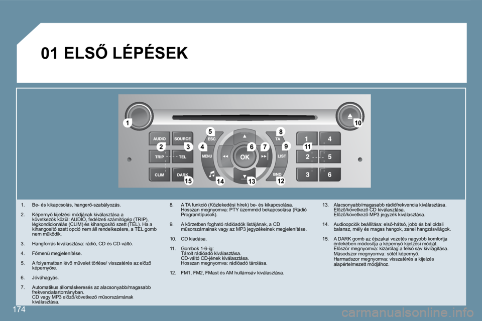 Peugeot 407 2008  Kezelési útmutató (in Hungarian) �W
11
223344
55
6677
1010
1111
1212131314141515
�8�8
99
01
174
� �E�L�S4� �L�É�P�É�S�E�K� 
�1�.� �  �B�e�-� �é�s� �k�i�k�a�p�c�s�o�l�á�s�,� �h�a�n�g�e�r5�-�s�z�a�b�á�l�y�o�z�á�s�.� 
� � �2�.� 