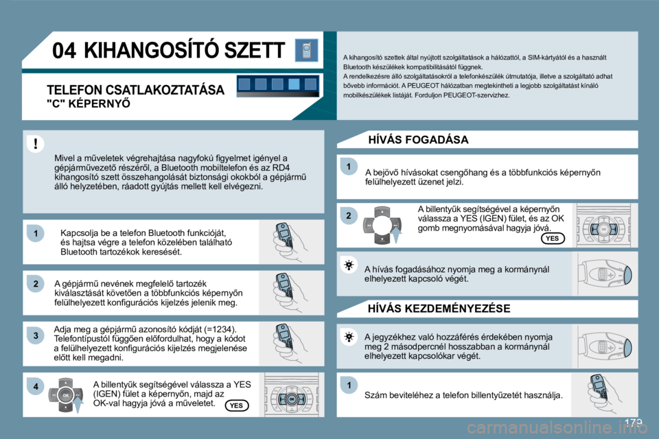 Peugeot 407 2008  Kezelési útmutató (in Hungarian) 11
22
33
11
22
4411
04
179
� �K�I�H�A�N�G�O�S�Í�T�Ó� �S�Z�E�T�T� 
� � �"�C�"� �K�É�P�E�R�N�Y4� 
� �M�i�v�e�l� �a� �mC�v�e�l�e�t�e�k� �v�é�g�r�e�h�a�j�t�á�s�a� �n�a�g�y�f�o�k�ú� �ﬁ� �