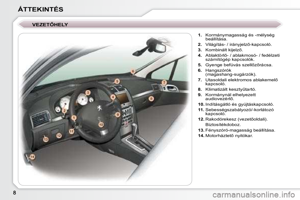 Peugeot 407 2008  Kezelési útmutató (in Hungarian) ÁTTEKINTÉS� � �V�E�Z�E�T4�H�E�L�Y� �     
1. � �  �K�o�r�m�á�n�y�m�a�g�a�s�s�á�g� �é�s� �-�m�é�l�y�s�é�g� 
beállítása. 
  
2. � �  �V�i�l�á�g�í�t�á�s�-� �/� �i�r�á�n�y�j�e�l�z5�-�k�a�p