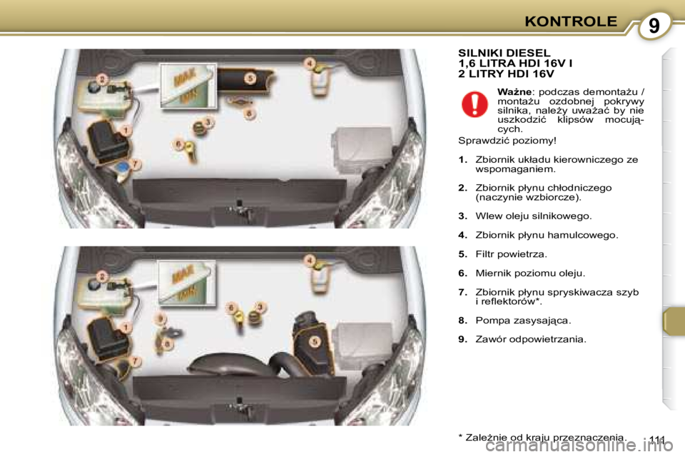 Peugeot 407 2008  Instrukcja Obsługi (in Polish) 9�K�O�N�T�R�O�L�E
111
� �S�I�L�N�I�K�I� �D�I�E�S�E�L� �1�,�6� �L�I�T�R�A� �H�D�I� �1�6�V� �I� �2� �L�I�T�R�Y� �H�D�I� �1�6�V� 
� � �*� � � �Z�a�l�eG�n�i�e� �o�d� �k�r�a�j�u� �p�r�z�e�z�n�a�c�z�e�n�i�