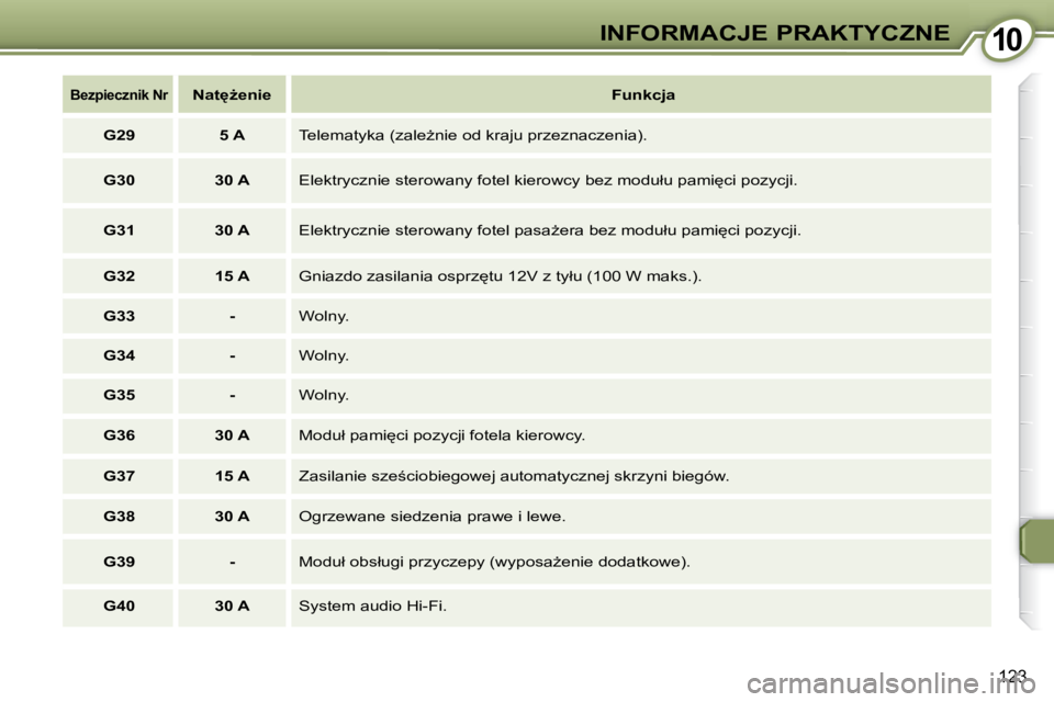 Peugeot 407 2008  Instrukcja Obsługi (in Polish) 1010�I�N�F�O�R�M�A�C�J�E� �P�R�A�K�T�Y�C�Z�N�E
�1�2�3
   
�B�e�z�p�i�e�c�z�n�i�k� �N�r       
�N�a�t'G�e�n�i�e        
� �F�u�n�k�c�j�a    
   
�G�2�9         5 A    � �T�e�l�e�m�a�t�y�k�a� �(�z